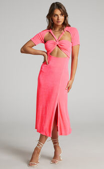 Lyanna Midi Dress - Cut Out Dress in Neon Pink