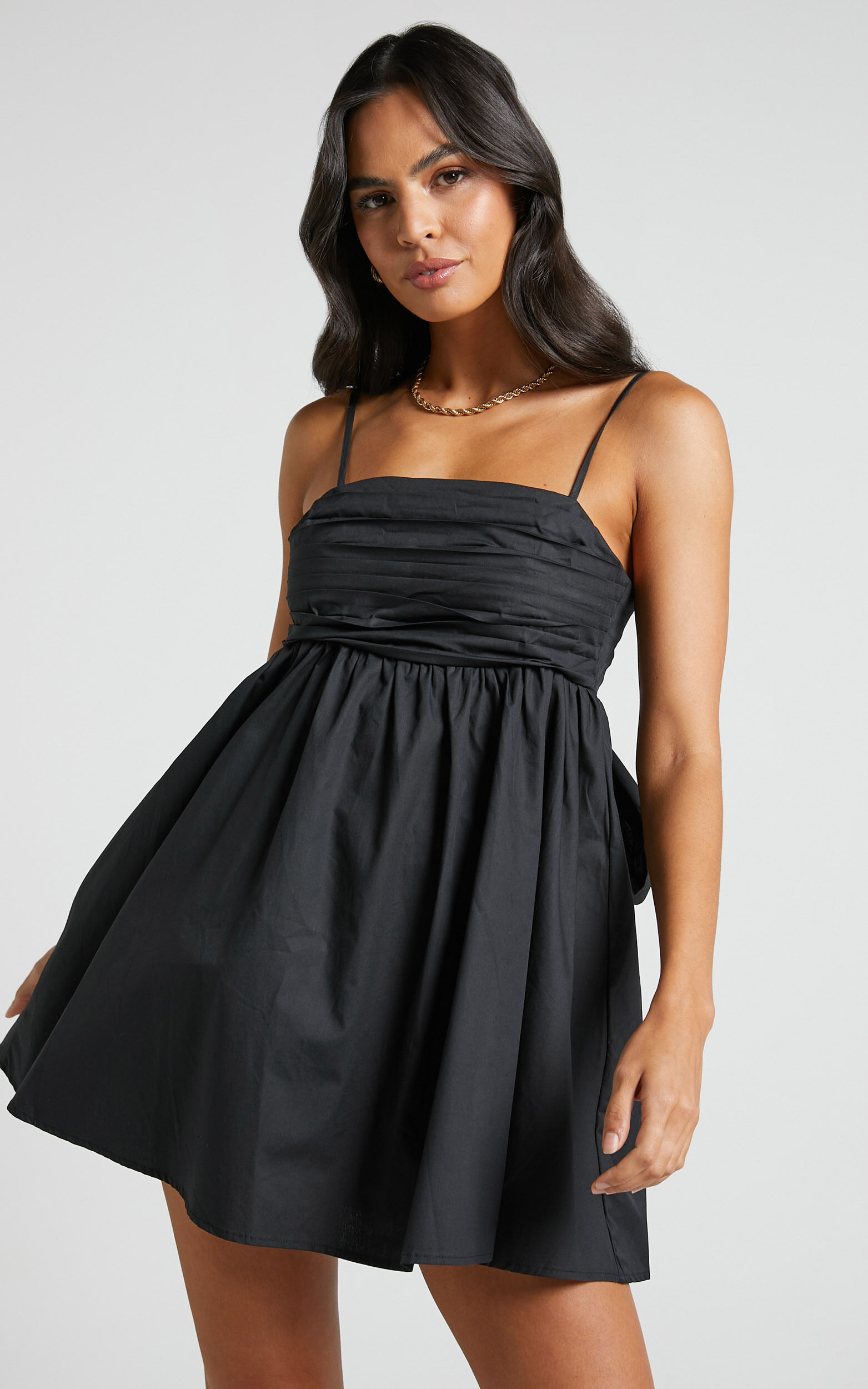 Clover Mini Dress Back Bow Babydoll Dress in Black