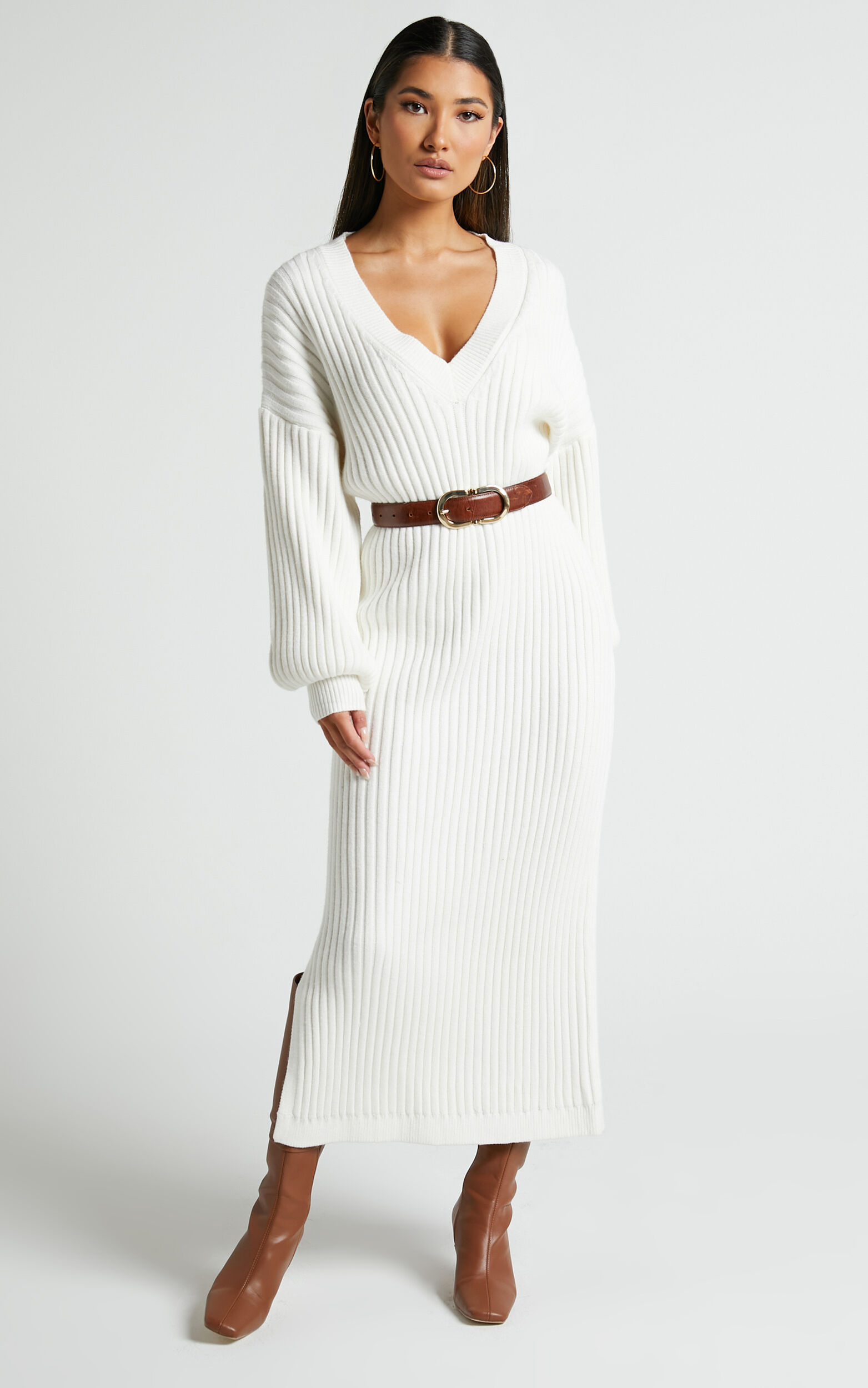 Kartia Midi Dress - V Neck Knit Dress in Off White | Showpo USA