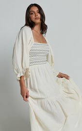 Bellenie Midi Dress - 3/4 Puff Sleeve Square Neck Smock Bodice Tiered ...