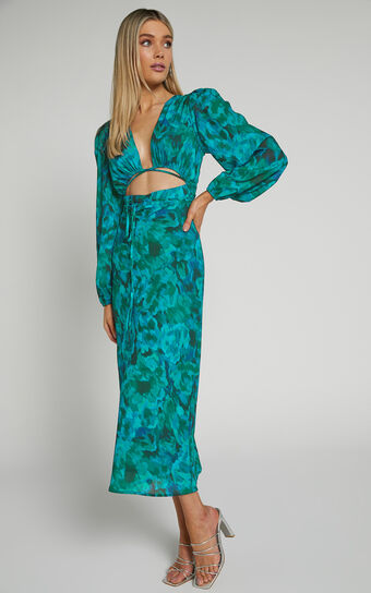 Artola Midi Dress - Front Cut Out Long Sleeve Dress in Green Blur Floral
