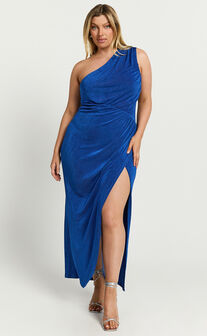 Cristle Midi Dress - One Shoulder Side Cut Out Thigh Split Dress in Cobalt