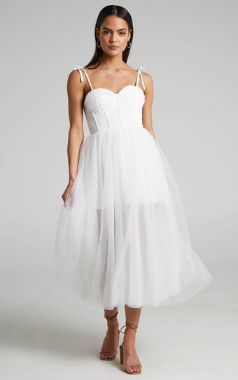 Aisha Midi Dress - Bustier Bodice Tulle Dress in White