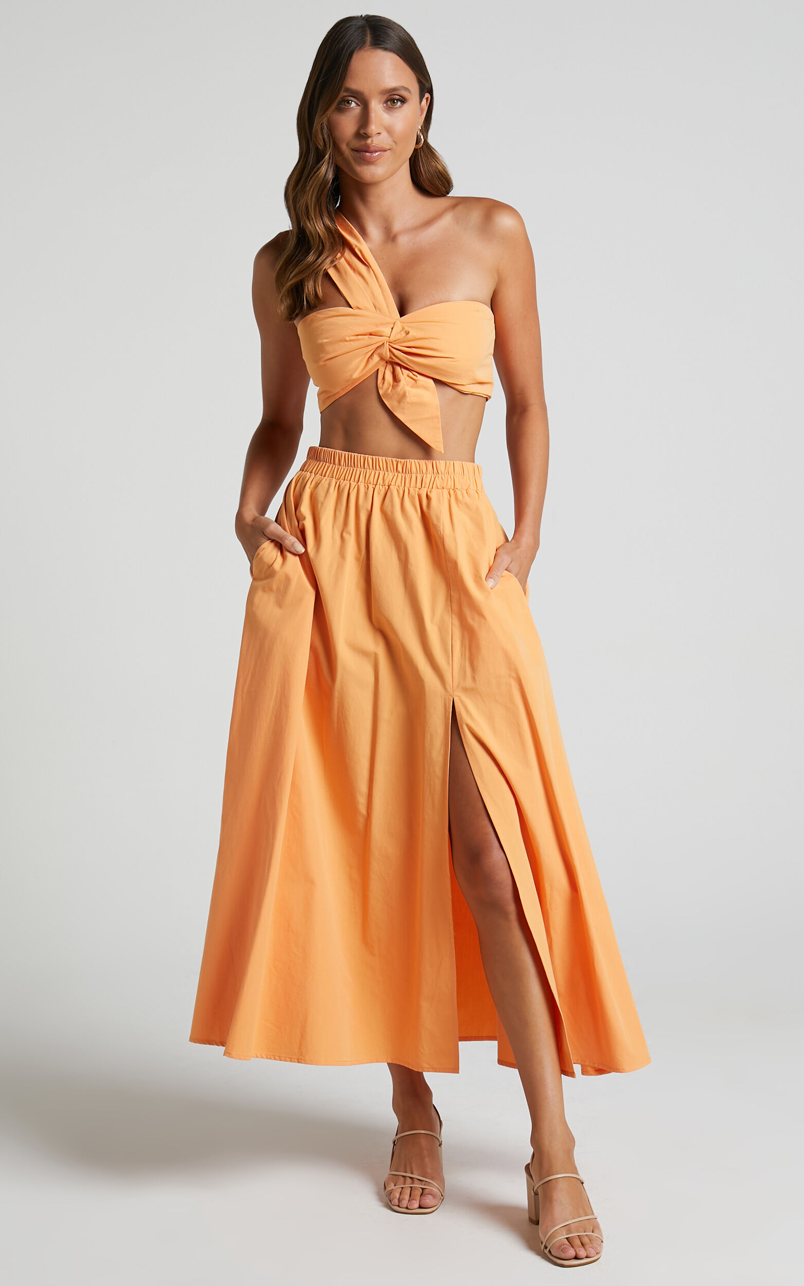 Sula Two Piece Set One Shoulder Bralette Crop Top and Midi Skirt Set in Sherbet Orange