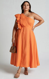 Dixie Midi Dress - Linen Look One Shoulder Ruffle Dress in Orange