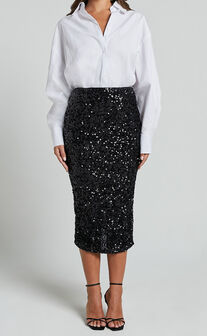 Hasley Midi Skirt - Sequin Bodycon Skirt in Black