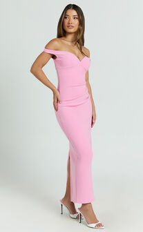 Vinnie Midi Dress - Off Shoulder Bustier Side Tuck Fitted Dress in Pink