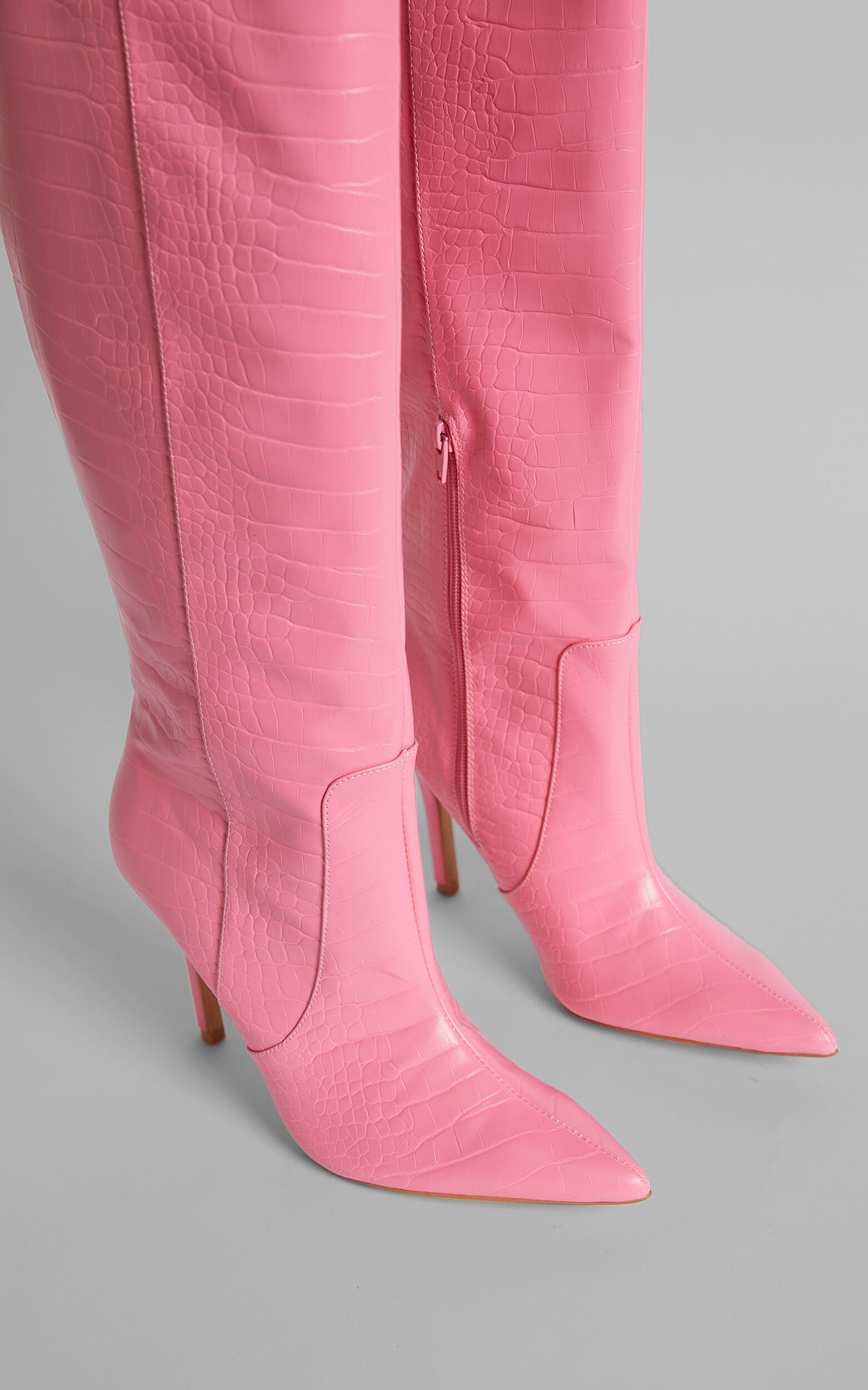 Public Desire Best Believe Stiletto Knee High Boots in Pink Croc Showpo