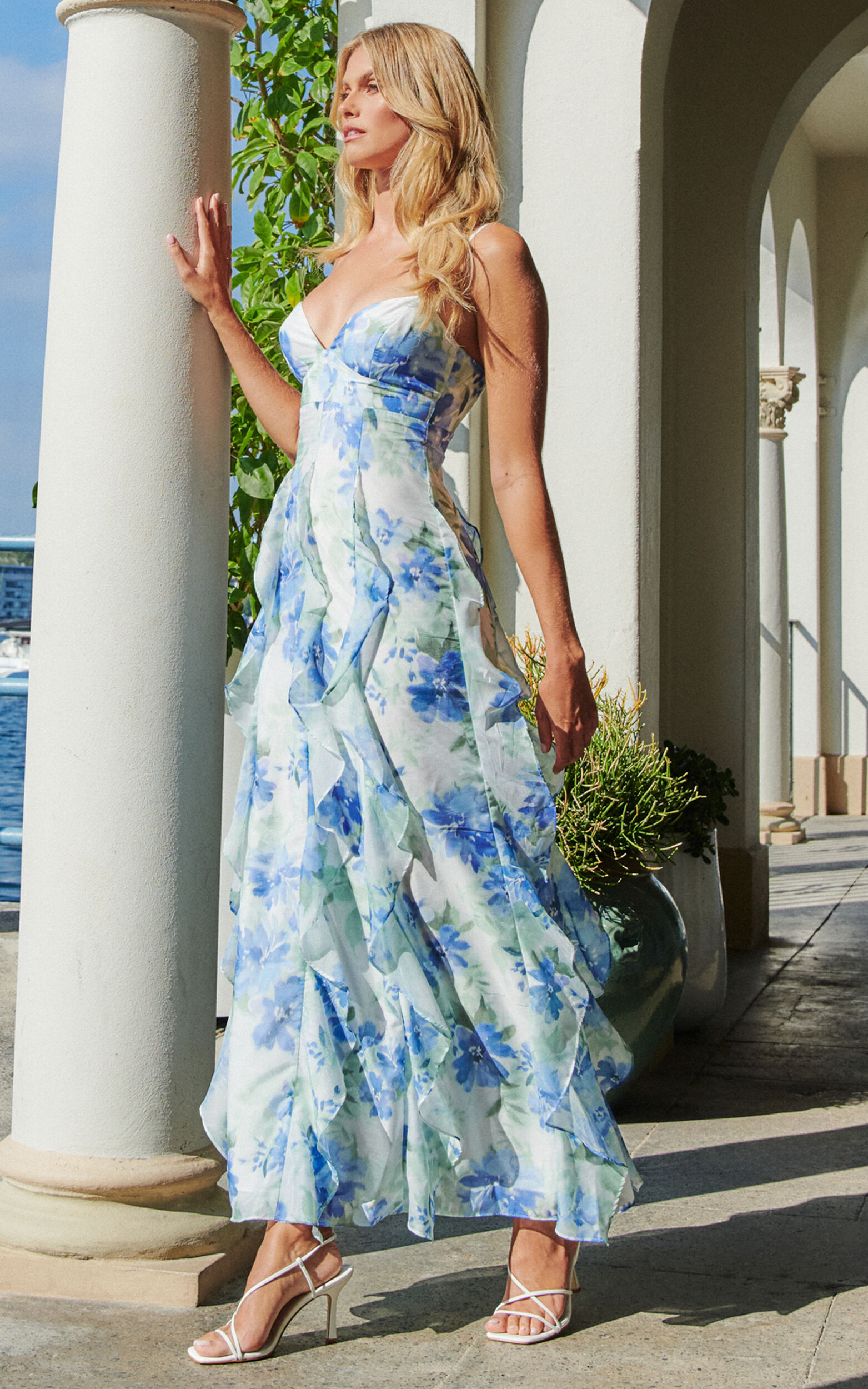 Amalie The Label - Rosalie Strappy Cut Out Ruffle Detail Maxi Dress in Elysian Print - 06, WHT1