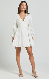 Brenda Mini Dress - Long Puff Sleeve Wrap Linen Blend Dress in Ivory