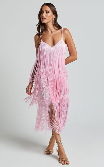 Cherika Midi Dress - Zag Fringe Dress in Frost Pink