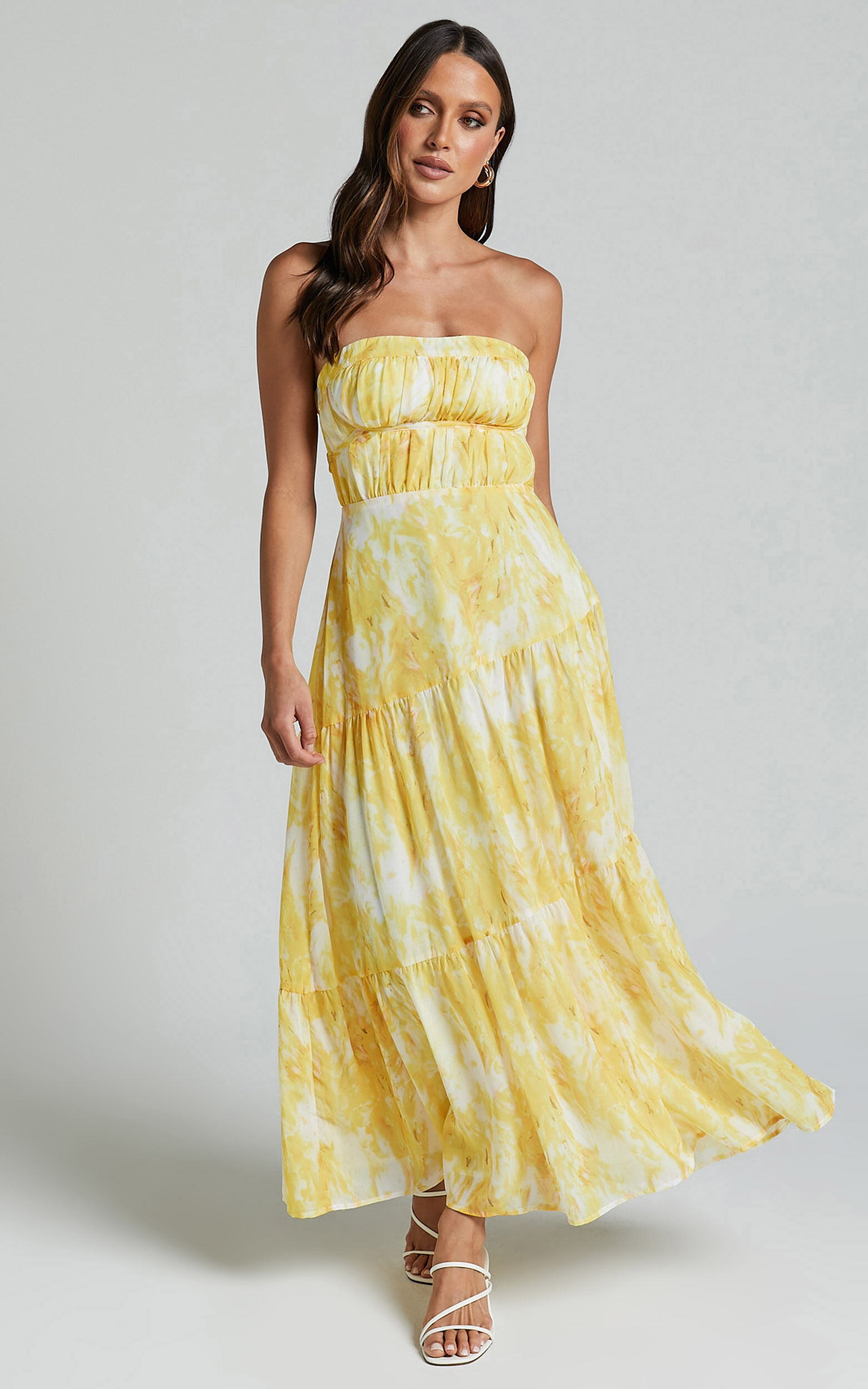 Cardelyn Midi Dress - Strapless Tiered Dress in Yellow Floral - 06, YEL1