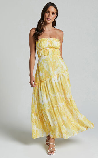 Cardelyn Midi Dress - Strapless Tiered Dress in Yellow Floral