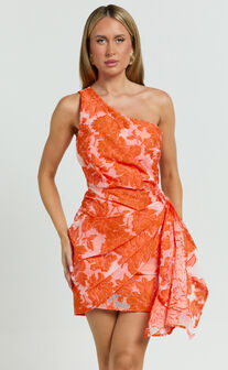 Brailey Mini Dress - One Shoulder Wrap Front Dress in Orange Jacquard