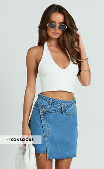Rihanna Skirt - High Waisted Asymmetrical Denim Skirt in Mid Blue Wash
