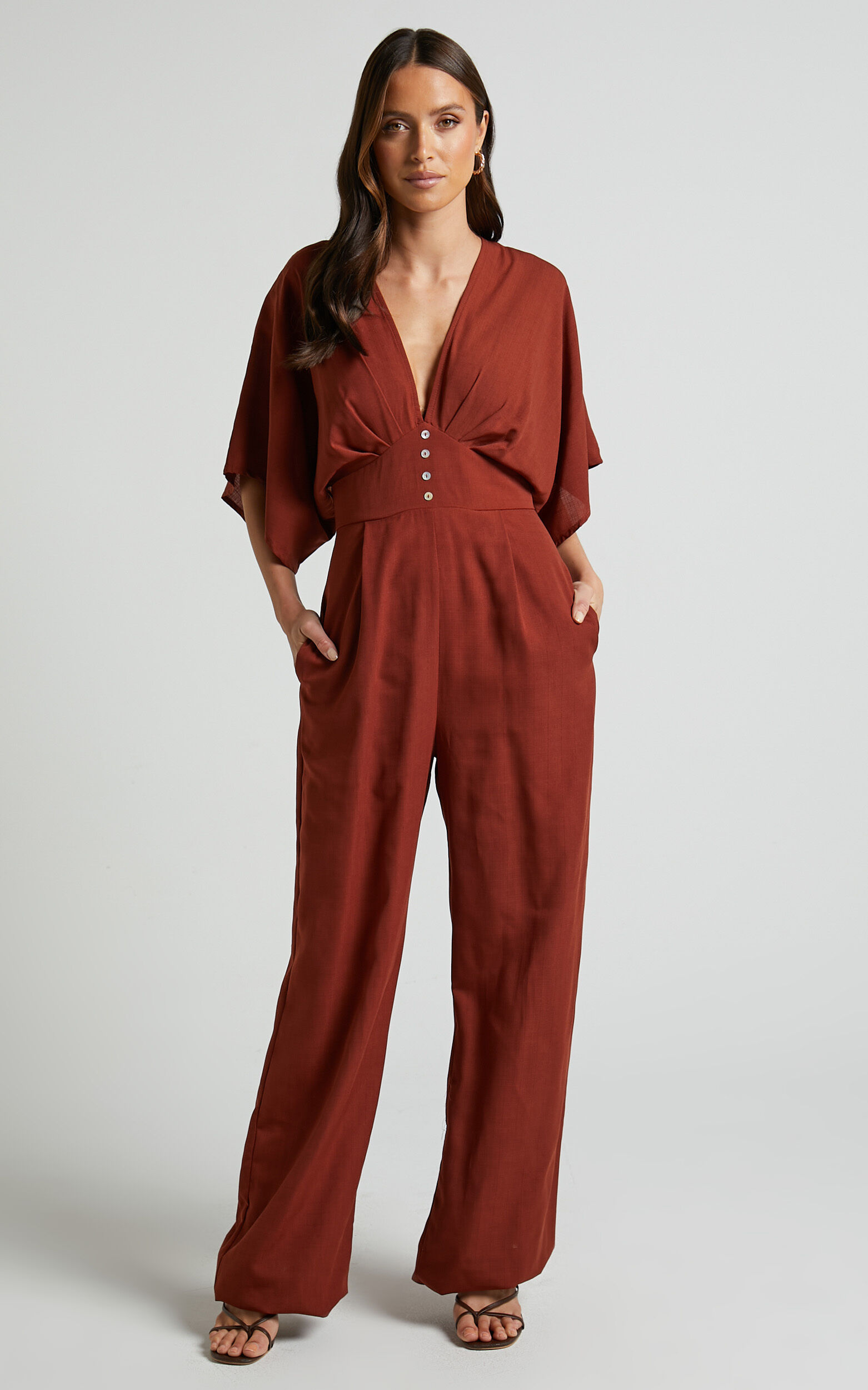 Hanlou Jumpsuit Flutter Sleeve V Neck Button Front Wide Leg Jumpsuit in Rust