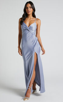 Gemalyn Midi Dress - Twist Front Thigh Split Dress in Sky Blue
