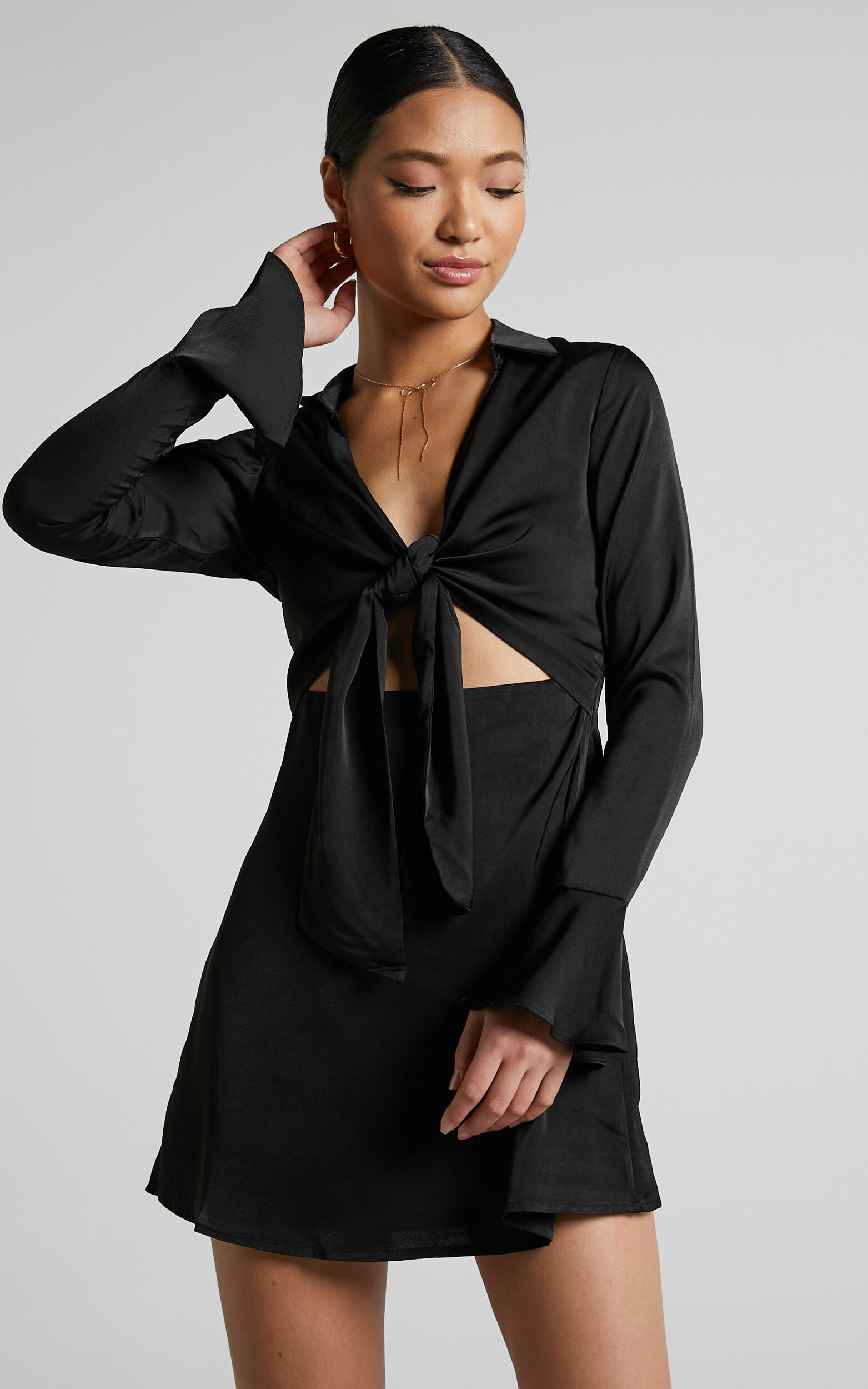 Tie front best sale dress long sleeve