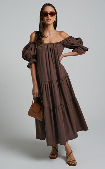 Zaharrah Midi Dress - Tiered Dress in Chocolate Linen Look