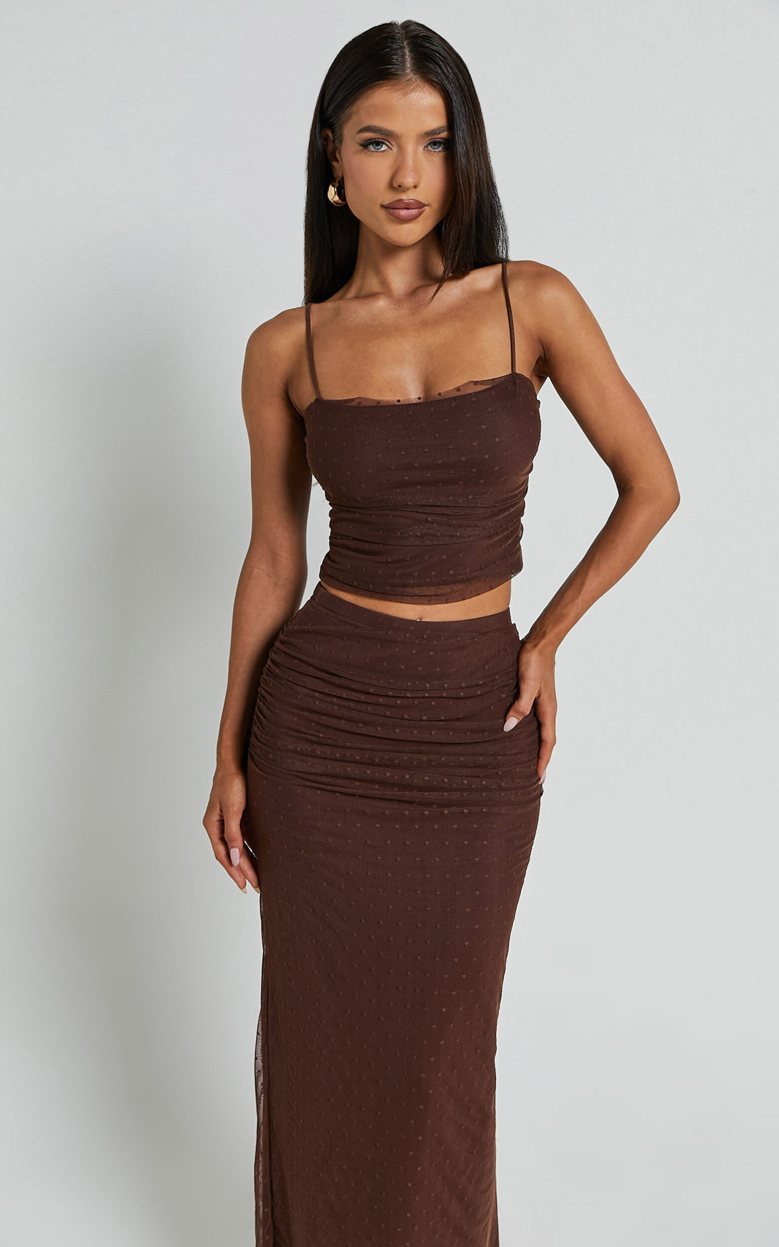 【海外限定】REISSワンピース☆Chocolate Lyra Mesh Ruched Midi Buy Reiss Chocolate Lyra Mesh Ruched Midi Dress from the