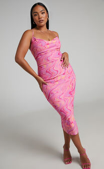 Helga Midi Dress - Cowl Neck Ruched Dress in Pink Swirl