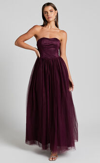 Gemma Maxi Dress - Strapless Sweetheart Tulle Fit & Flare in Aubergine