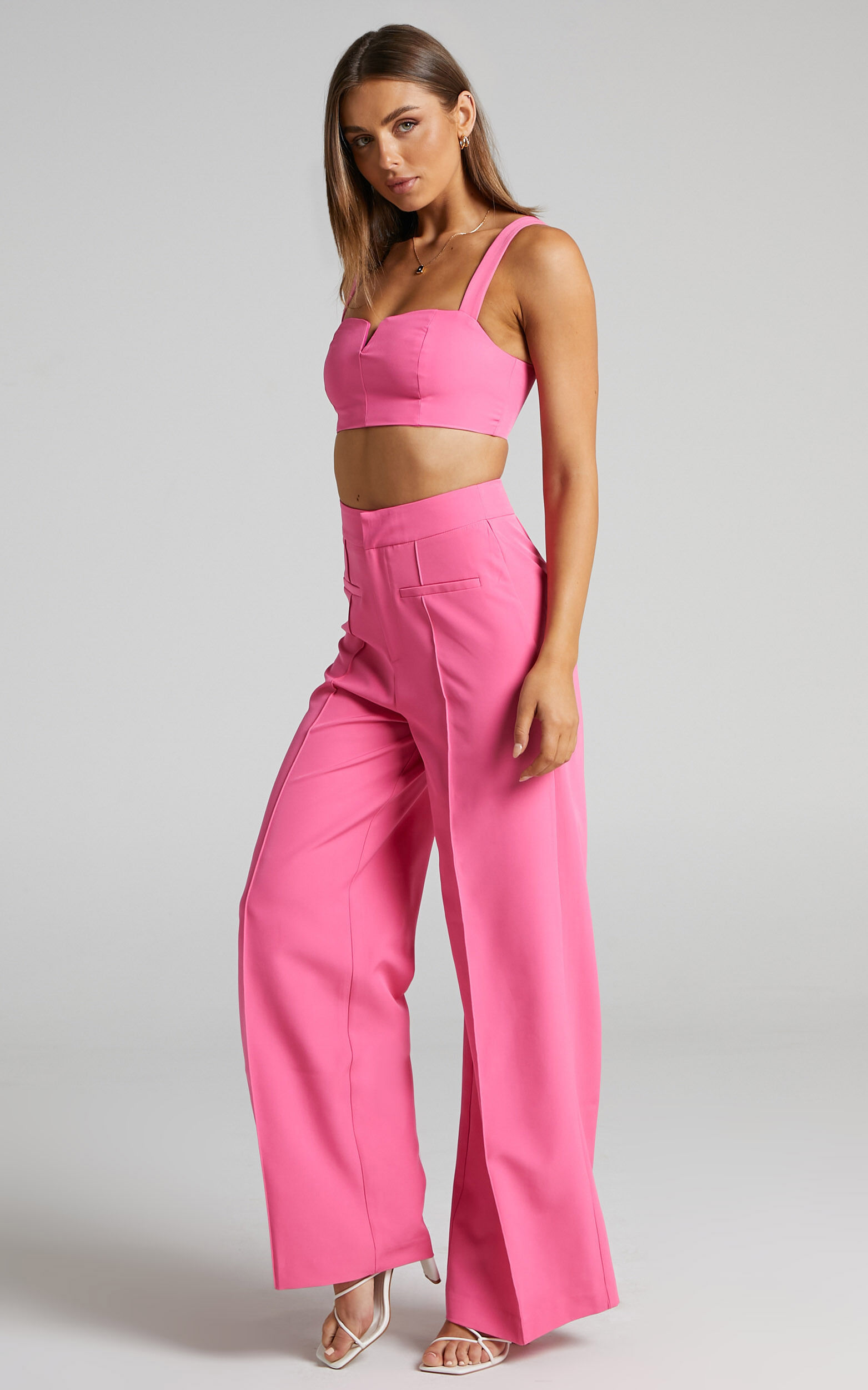 Maida Two Piece Set V Front Crop Top and Wide Leg Pants Set in Pink