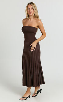 Paris Midi Dress - Strapless Drop Waist Pleated Knit Dress in Chocolate
