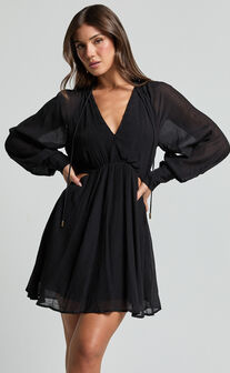 Xandria Mini Dress - Blouson Sleeve Cut Out Dress in Black