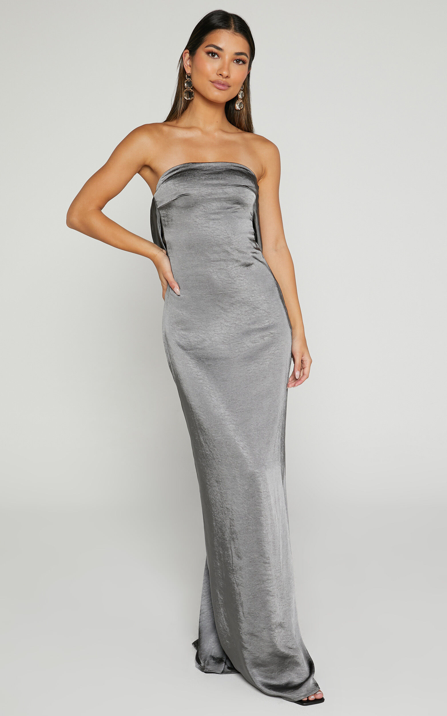 Charlita Maxi Dress Strapless Cowl Back Satin Dress in Charcoal Showpo USA