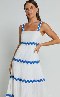 Brenda Midi Dress - Sleeveless Straight Neck Wave Detail A Line Dress in White