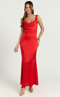 Grace Maxi Dress - Cowl Neck Satin Slip Dress in Coral Red