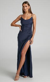 Jewelle Midi Dress - High Split Cowl Neck Satin Dress in Navy