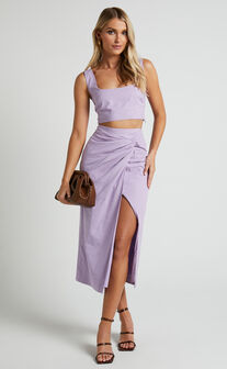 Gibson Two Piece Set - Linen Look Crop Top and Knot Front Midi Skirt Set in Lilac