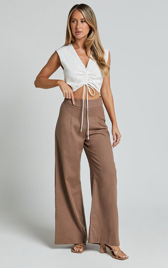 Alina Pants - Linen Look High Waisted Wide Leg Relaxed Pants in Mocha