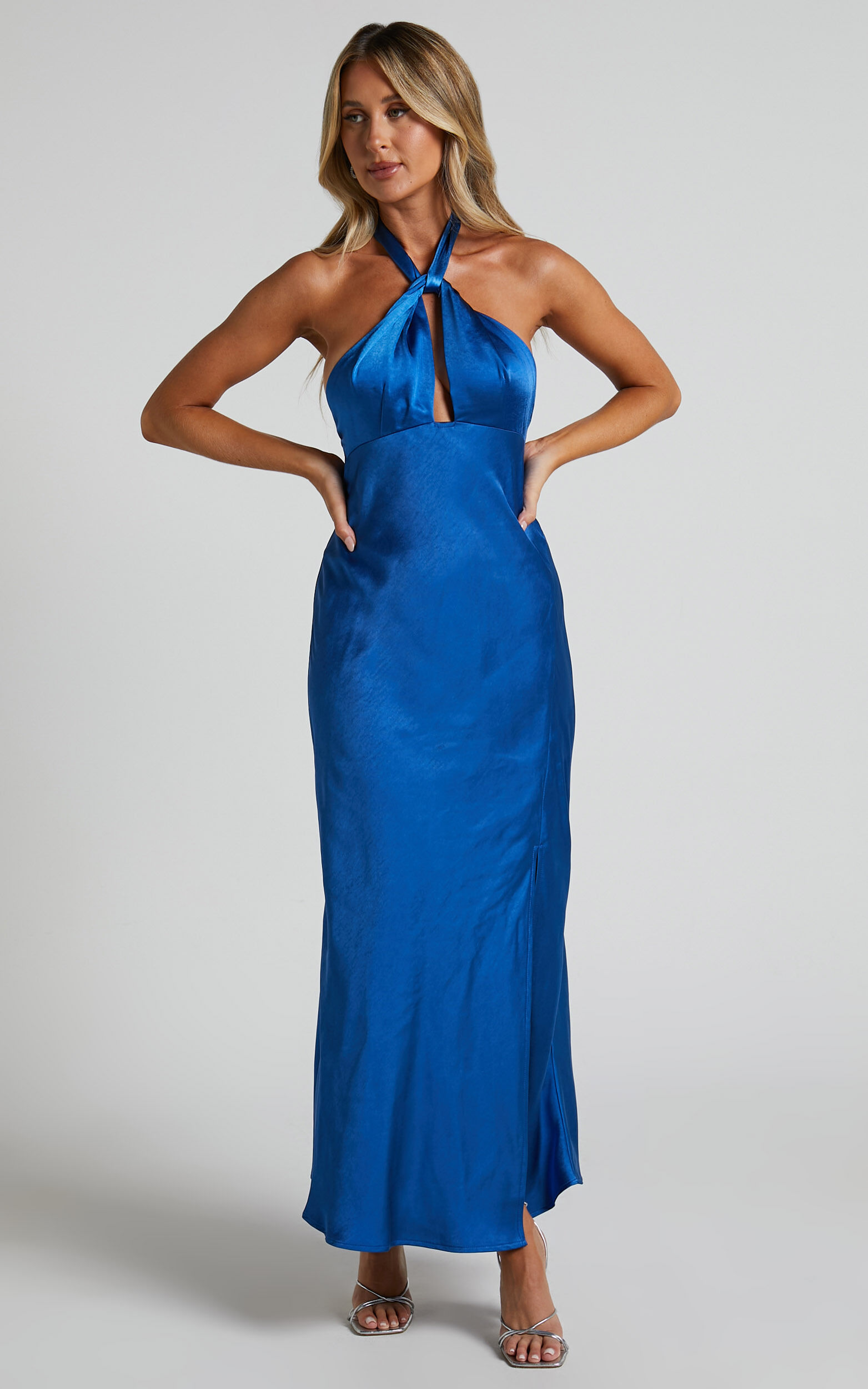 Clarabelle Midi Dress Halter Neck Thigh Slit Dress in Cobalt