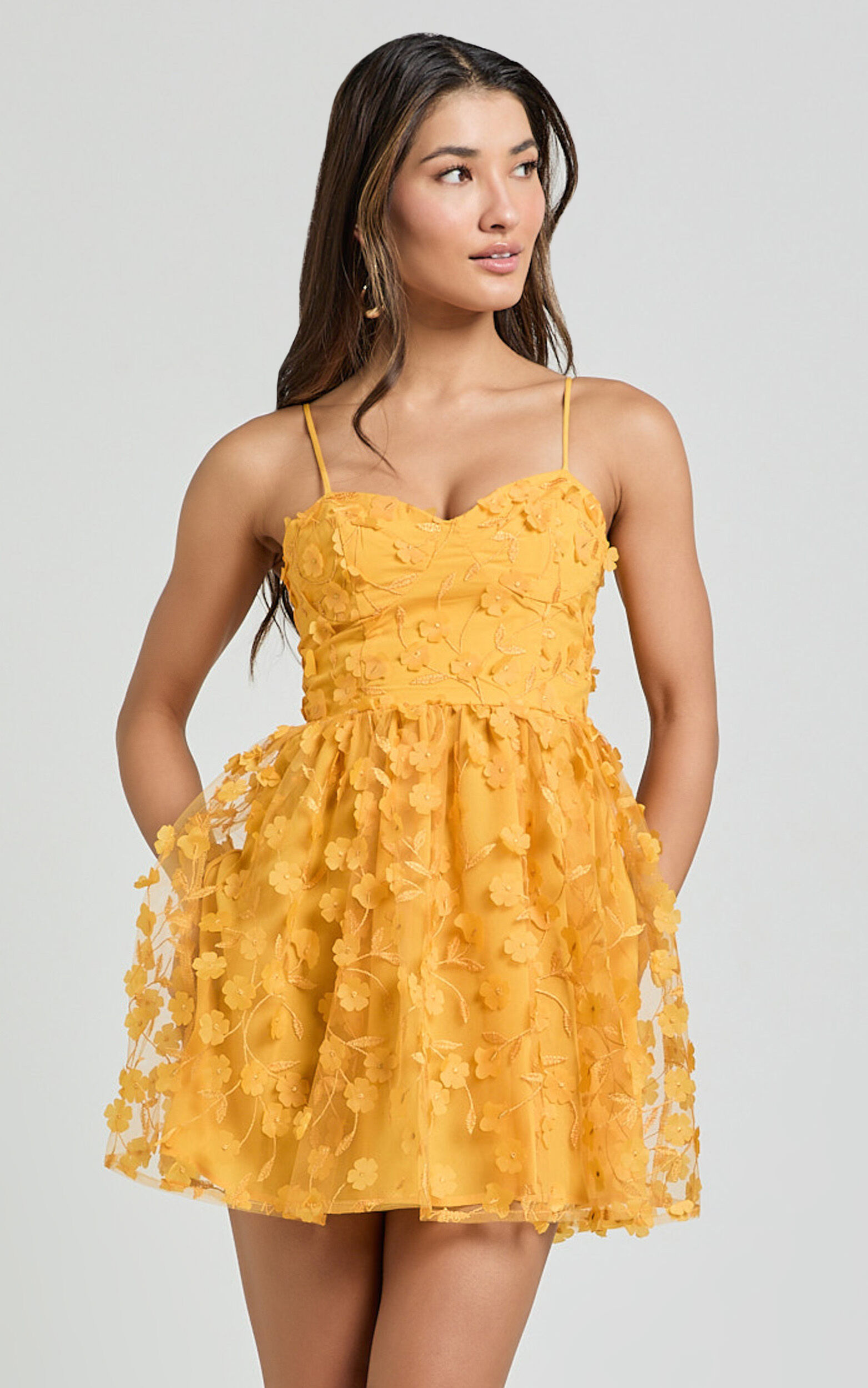 Prague Mini Dress - Strappy Embroidered Tulle Bustier Dress in Marigold - 06, GLD1