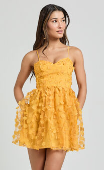 Prague Mini Dress - Strappy Embroidered Tulle Bustier Dress in Marigold