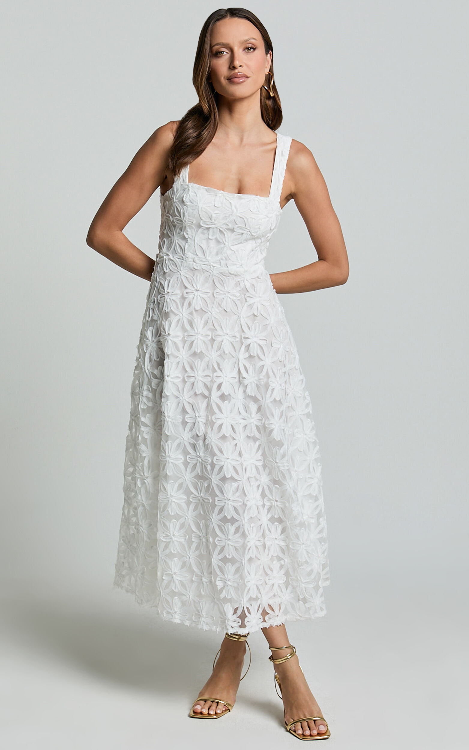 Clarissa Midi Dress - Square Neck Open Back A Line Dress in White - 06, WHT1
