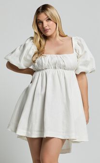 Amalie The Label - Hamyya Linen Tie Back Puff Sleeve Mini Linen Dress in White