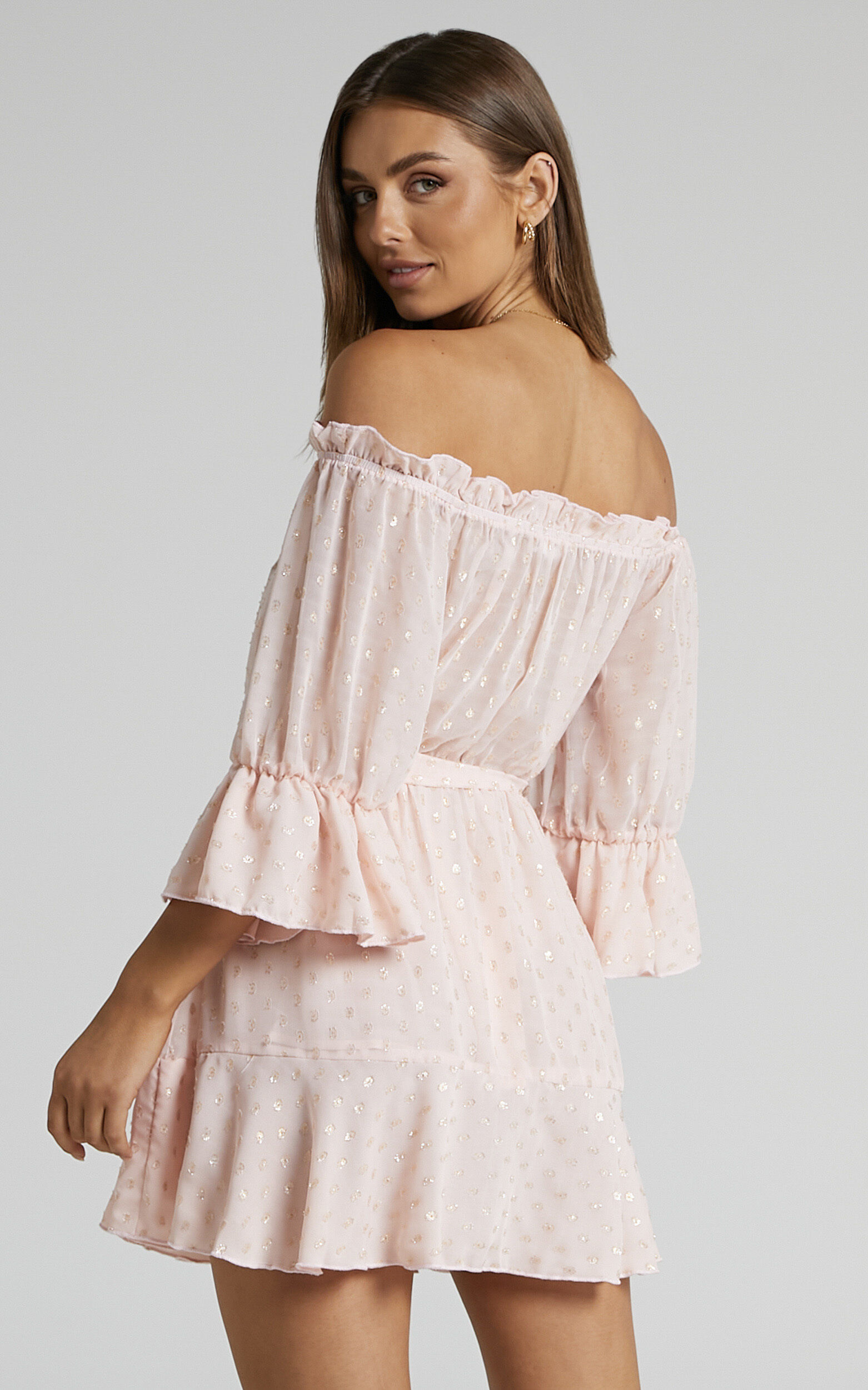 Delamaer Mini Dress Off Shoulder Polka Dot Dress in Pink