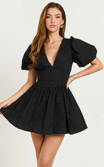 Nelli Mini Dress - Short Puff Sleeve Shirred Back Dress in Black