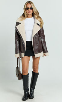 Claudette Jacket - Faux Leather Shearling Oversized Biker Jacket in Dark Chocolate
