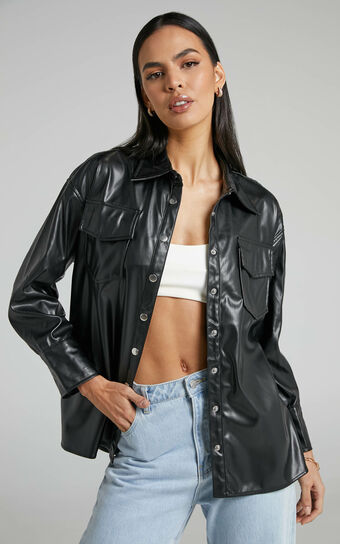 Selenia Shirt - Button Front Faux Leather Shirt in Black