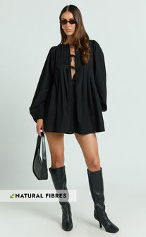 Suzette Mini Dress - High Neck Tie Front Long Sleeve Pleat Front Babydoll Dress in Black