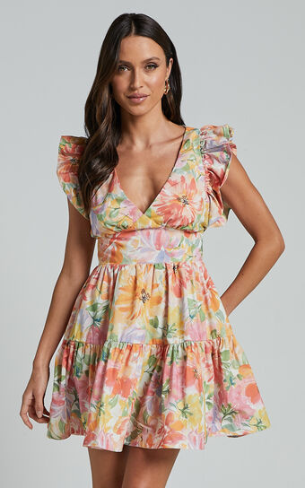 Jeanise Mini Dress - Flutter Sleeve Tiered Dress in Summer Floral