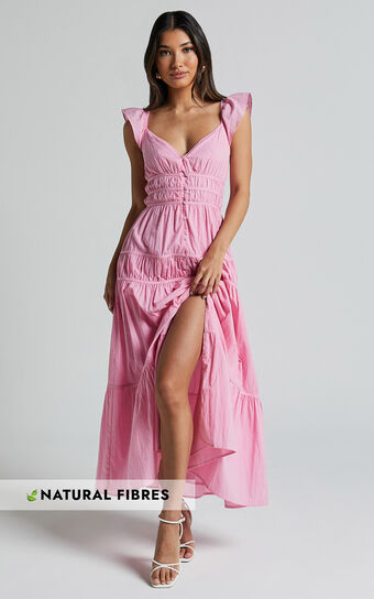 Addi Midi Dress - Button Front Plunge Neck Short Flutter Sleeve Tiered in Pink