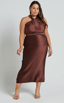 Marlette Midi Dress - Pleated Open Back Halter Dress in Chocolate