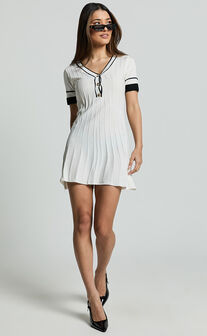 Cassandra Mini Dress - Knit Contrast Mini Dress in Ivory/Black