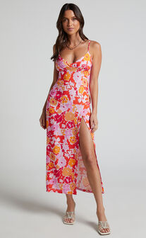 Nikoletta Midi Dress - Linen Look Bias Cut Split Front Dress in Flower Power